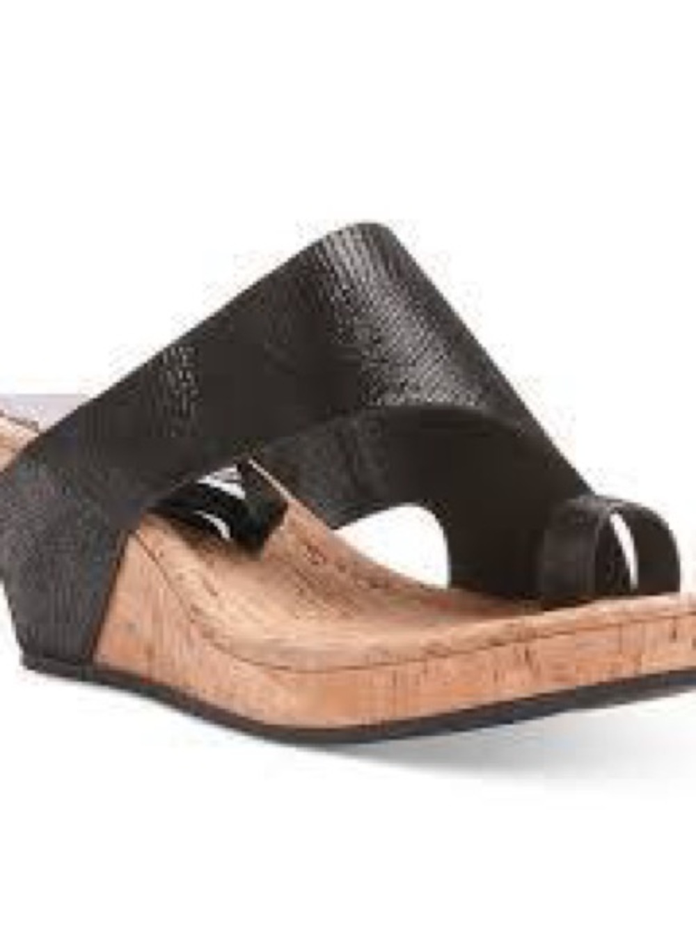 DONALD PLINER ASYMMETRIC CORK WEDGE SANDALS - BLACK- SIZE 8.5